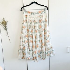 White A-Line Tier  Skirt with Orange Floral Design • Sz S